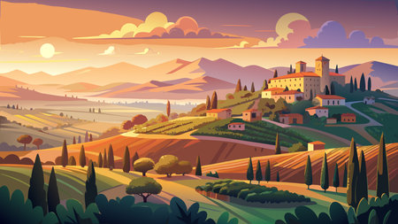 Tuscany landscape at sunset. Vector illustration in cartoon style.のイラスト素材