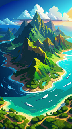 Cartoon landscape with mountains, river and blue sky. Vector illustrationのイラスト素材