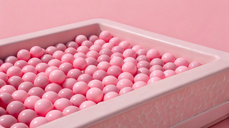 Pink gum balls in a plastic box on a pink background close upの素材