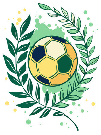 Soccer ball with laurel wreath on a green background. Vector illustrationのイラスト素材