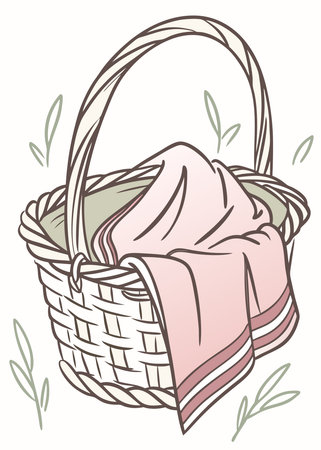 Illustration of a Wicker Basket with a Cloth.のイラスト素材