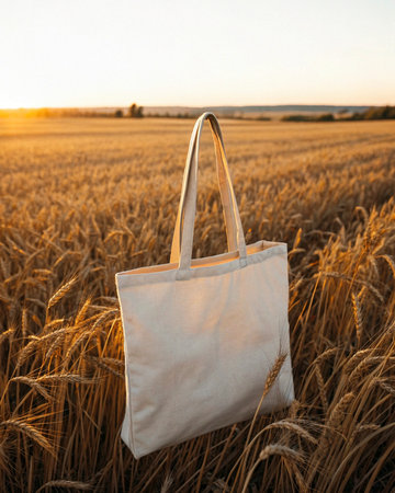 Eco bag on wheat field at sunset. Sustainable lifestyle concept.の素材