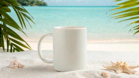 White coffee cup on the sand with tropical beach and sea background.の素材