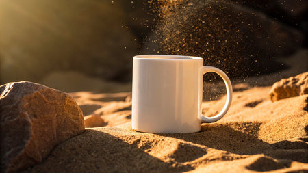 Coffee cup with sand on the beach in the morning.の素材