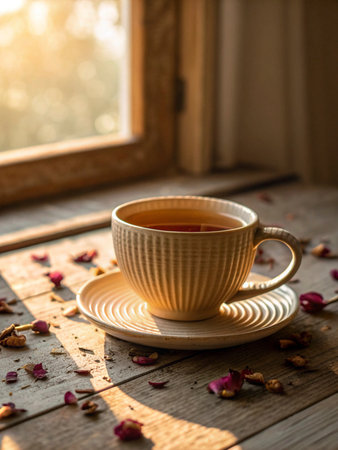 Cup of tea on a wooden window sill with rose petalsの素材