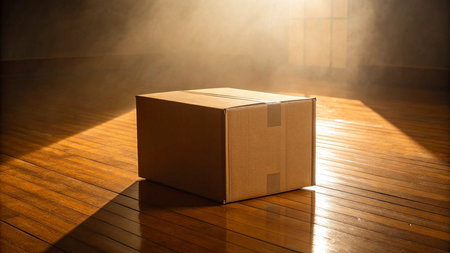 Cardboard box on a wooden floor with rays of light and fogの素材