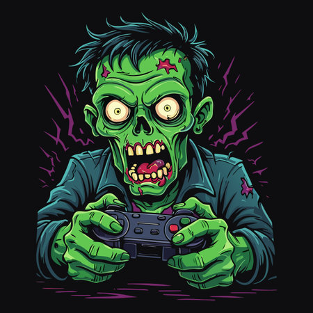 Zombie playing video games. Vector illustration of a cartoon character.のイラスト素材