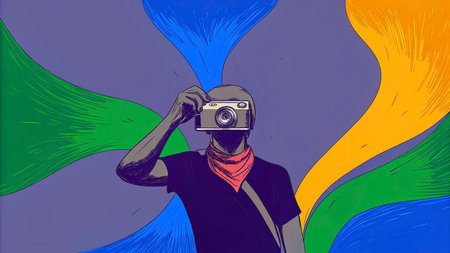 Illustration of a man taking a photo with a retro camera on colorful backgroundの素材