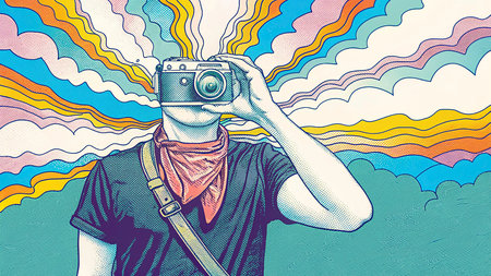 Portrait of young man with vintage camera on colorful background. Retro styleの素材