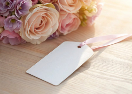 Bouquet of flowers with blank tag on wooden table, closeupの素材