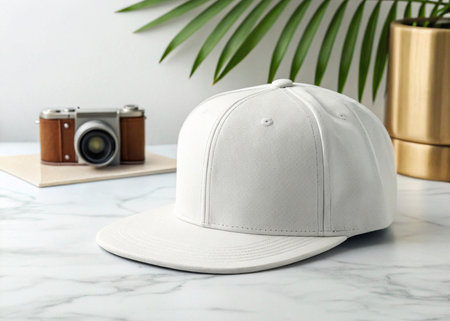 White baseball cap on white marble table with palm leaf and camera.の素材