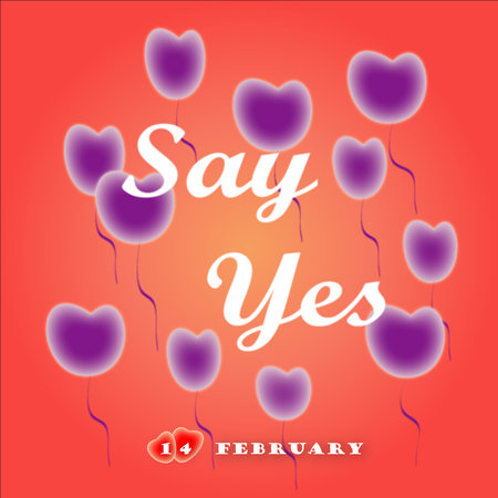 Say yes text over romantic background with purple balloons.の写真素材