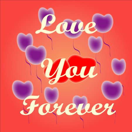 Love you forever text over romantic background with red hearts and purple balloons.の写真素材