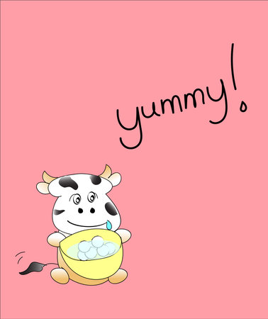 Handwriting text Yummy with cute cow cartoon.の写真素材