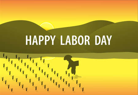 Happy Labor Day text over beautiful sunset background with Asian Rice Farmer.のイラスト素材