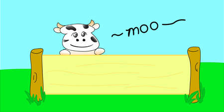 Cow Cartoon with Blank Wooden Sign. Place your own text.の写真素材