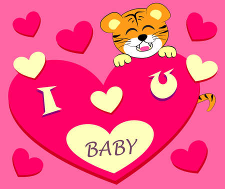 A cute tiger cartoon says I love you baby on romantic red hearts background.のイラスト素材