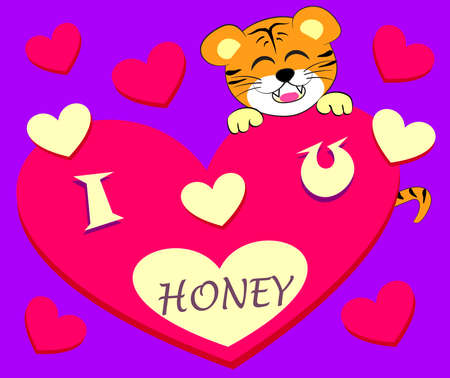 A cute tiger cartoon says I love you honey on romantic red hearts background.のイラスト素材