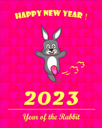 Greeting card for celebrate Chinese New Year of the rabbit 2023. A cute rabbit cartoon design with message Happy New Year on pink background.のイラスト素材