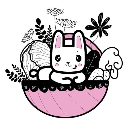 Rabbit in a basket with flowers and vegetables. Cute cartoon character. Vector illustrationの写真素材