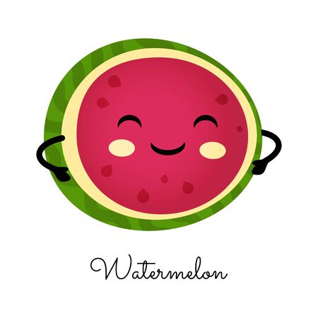 A slice of watermelon with a happy face. Cartoon character.  Vector illustaration for posters, cards, invitations, flyers, ect.のイラスト素材