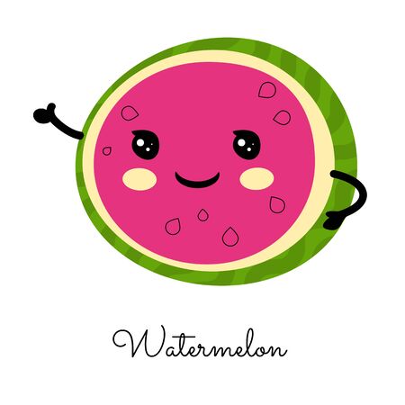 A slice of watermelon with a happy face. Cartoon character. Vector illustaration for posters, cards, invitations, flyers, ect.のイラスト素材