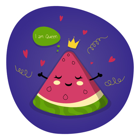 Watermelon slice in the crown with a cheerful face on a purple background. Watermelon with speech bubble text "I am queen". Kawaii food. 
Vector illustaration for posters, cards,invitations, ect.のイラスト素材