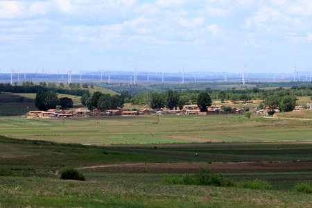 windmill at zhangjiakou grasslandの写真素材