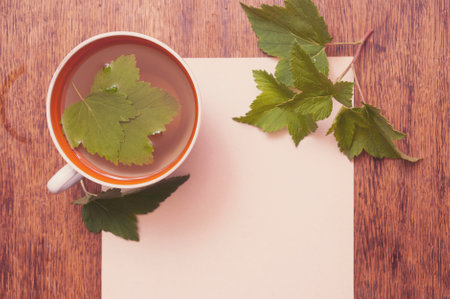 A cup of herbal tea from black currant with green leaves and paper sheet on wooden backgroundの写真素材