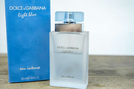 Dolce & Gabbana perfume bottle and box pack, light blue parfum. Kiev, Ukraine - August, 2020のeditorial素材