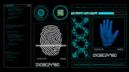 Futuristic HUD elements on a computer display with human scanning, molecular structure and...