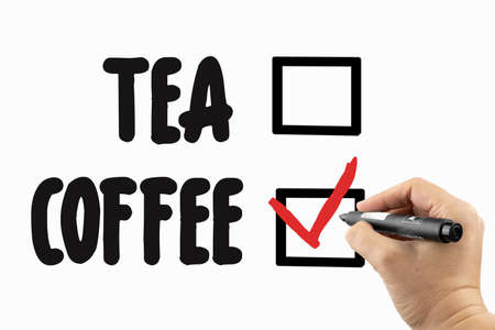 Choose between tea and coffee with checkbox. Doodle on a whiteboard, written with black and red marker in a hand. Scribble sketch text on a boardの写真素材