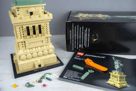 Lego Liberty Statue, mini copy of liberty statue in lego architecture addition. Adult person gathers the lego, hobby for adults. Kiev - Ukraine, July 2020のeditorial素材