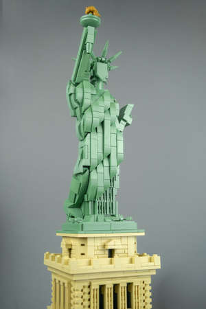 Lego Liberty Statue, mini copy of liberty statue in lego architecture addition. Adult person gathers the lego, hobby for adults. Kiev - Ukraine, July 2020のeditorial素材