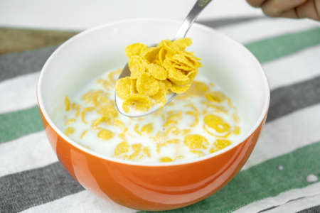 dry cornflakes in a bowl with milk, healthy food