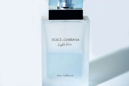 Dolce & Gabbana perfume bottle on white background, light blue parfum. Kiev, Ukraine - June, 2021