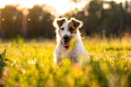 Purebred Jack russell terrier walk outdoors in grass on a sunset, soft sun backlight in a parkの写真素材