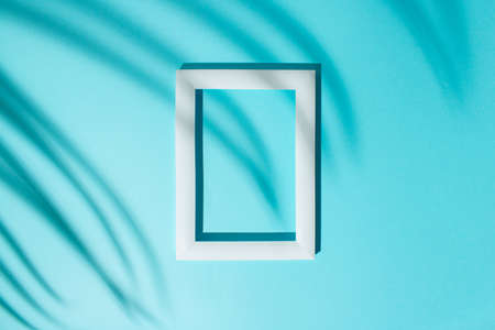Frame and palm leaf shadow on a blue background. Tropical summer white frame concept on minimal background.の写真素材