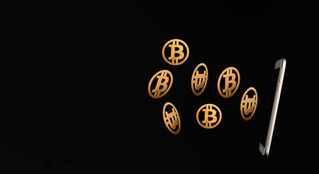 Mobile phone with bitcoins flying on a black background with copy space. Price surprise growth concept. Mining or blockchain technology for cryptocurrency concept. Abstract 3D illustration Background.の写真素材