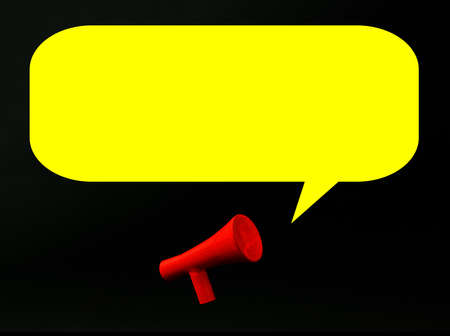 Blank yellow speech bubble with red 3d megaphone icon against black background. Advertisement idea...