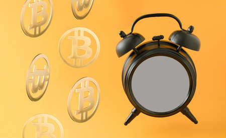 Old brown clock with blank space and bitcoins flying on a orange background. Price surprise concept. Wallpaper of cryptocurrency bitcoin. Abstract 3D illustration ad Background Art.の写真素材