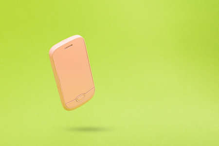 Blank copy space with pink 3d smartphone icon against green background. 3D illustration design template background. Top mobile phone message. Advertisement idea. Empty copy space for adの写真素材