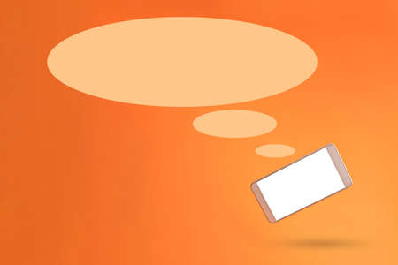 Blank orange speech bubble with grey 3d smartphone icon against orange background. 3D illustration copy space template design. Top mobile phone message. Advertisement idea. Empty speech cloud for adの写真素材