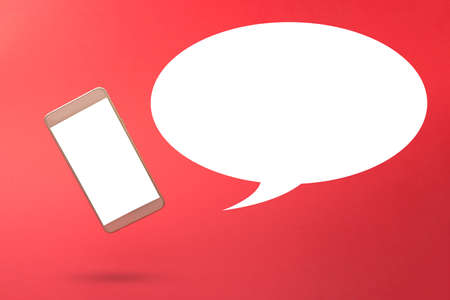 Blank white speech bubble with grey 3d smartphone icon against red background. 3D illustration design template background. Top mobile phone message. Advertisement idea. Empty speech balloon for adの写真素材