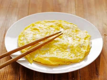 close up of a plate of fried egg omelettesの写真素材