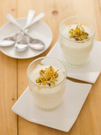 close up of cups of indian shirkhand dessertの写真素材