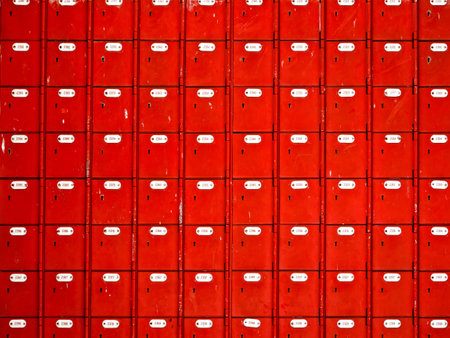 close up of rows of red mailboxes