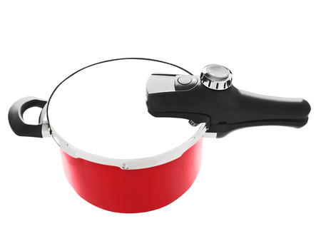 close up of a red pressure cooker isolatedの写真素材