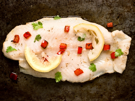 close up of rustic baked fish filletの写真素材
