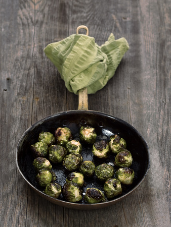 close up of a pan of rustic roasted brussels sproutの写真素材